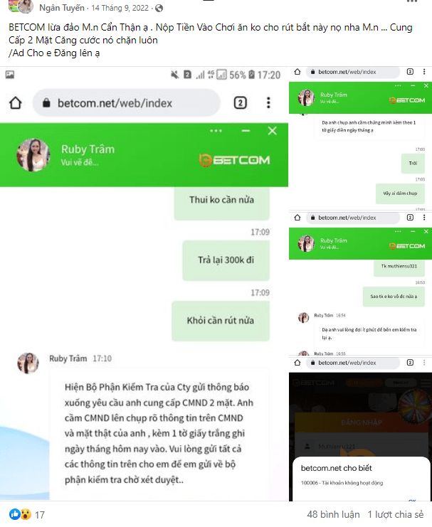 Bằng chứng cho hành động lừa đảo trắng trợn của nhà cái Betcom