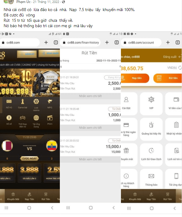 Vụ việc người chơi Pham Uc bị nhà cái CV88 ăn chặn tiền