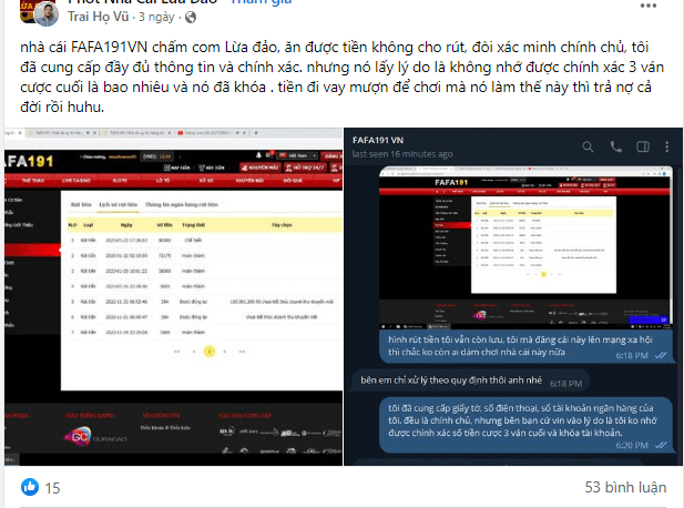 Nhà cái Fafa191 lừa đảo, ăn chặn tiền