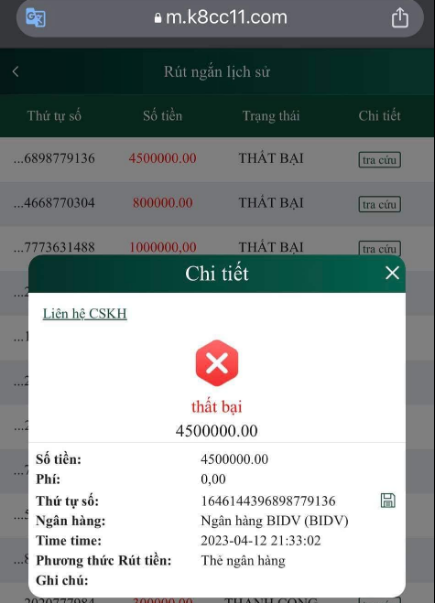 Số tiền mà người chơi Hoàng Tân đã rút được từ K8CC